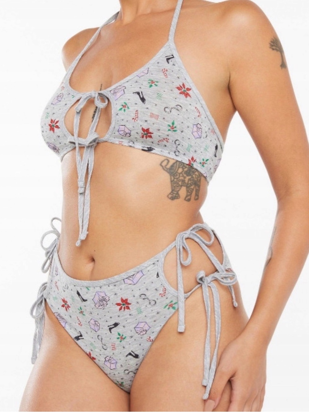 Savage x Fenty Tis The Savage Bikini Front & Side Tie Gray Holiday Print Women M
